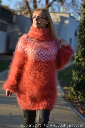 Fuzzy and soft Icelandic T-neck mohair sweater dress in coral Lopapeysa