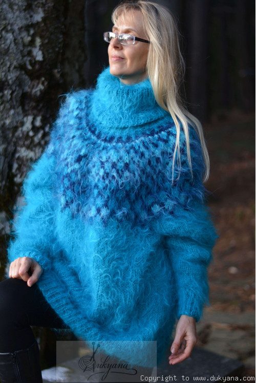 Handknit Fuzzy Icelandic T Neck Mohair Sweater In Electric Blue I81