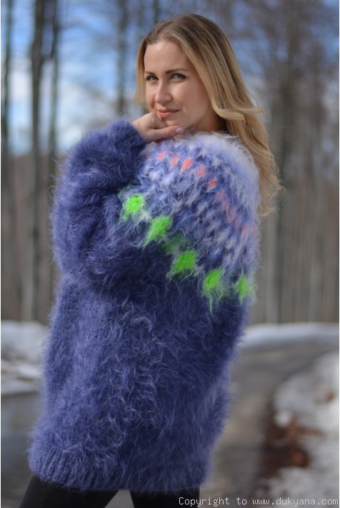 Fair Isle crewneck mohair sweater handknit in blue and white/I85