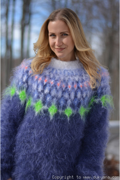 Handknit Icelandic creneck mohair sweater in blue and white
