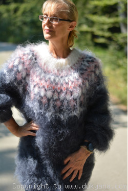 Handknit Icelandic crewneck mohair sweater in gray and pink