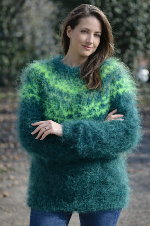 Handknit Icelandic crewneck mohair sweater in dark and bright green
