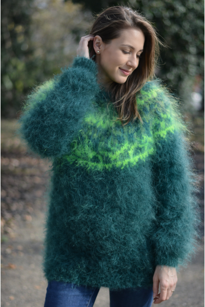 Handknit Icelandic crewneck mohair sweater in dark and bright green