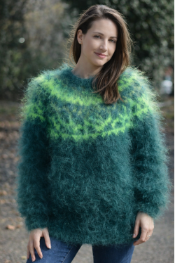 Handknit Icelandic crewneck mohair sweater in dark and bright green