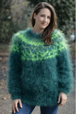 Handknit Icelandic crewneck mohair sweater in dark and bright green