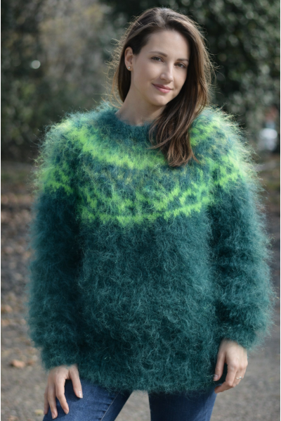 Handknit Icelandic crewneck mohair sweater in dark and bright green