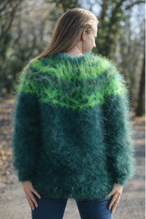 Handknit Icelandic crewneck mohair sweater in dark and bright green