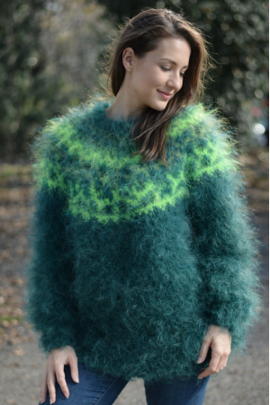 Handknit Icelandic crewneck mohair sweater in dark and bright green