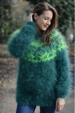 Handknit Icelandic crewneck mohair sweater in dark and bright green