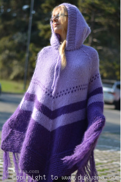 Hooded chunky mohair poncho in purple and lavender 