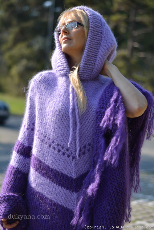Hooded chunky mohair poncho in purple and lavender 