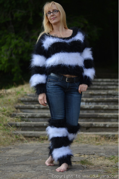 Handknit mohair set of a cropped sweater and matching striped leggings
