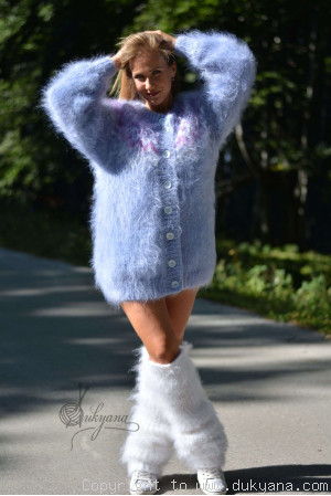 Two-piece fuzzy mohair set of a cardigan and legwarmers in blue