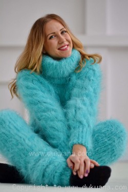 Hand knitted soft and silky cropped mohair Tneck and leggings