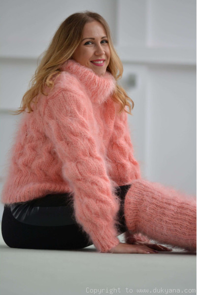 Hand knitted soft and silky cropped mohair Tneck sweater and leggings