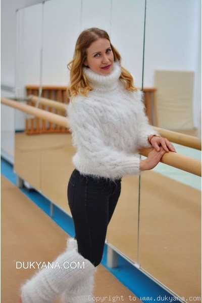 Hand knitted soft and silky cropped mohair Tneck and leggings