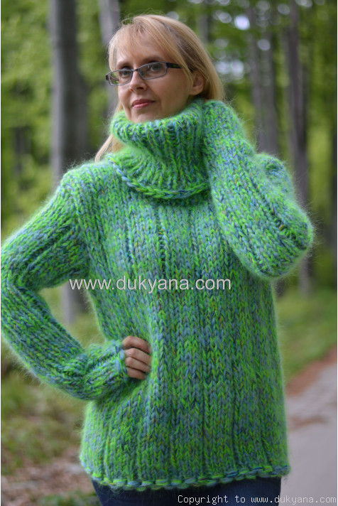 Handmade chunky and soft mohair Tneck sweater in green blue mix/T101