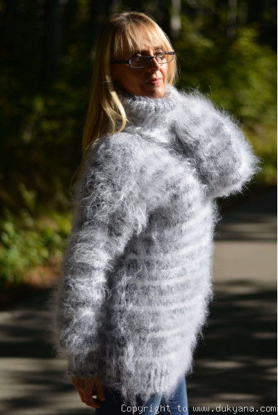 Warm winter fuzzy turtleneck sweater in gray white mix