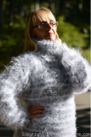 Warm winter fuzzy turtleneck sweater in gray white mix