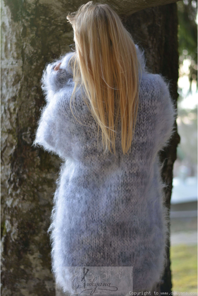 Knitted fuzzy mohair sweater chunky soft pullover in marble gray/T108