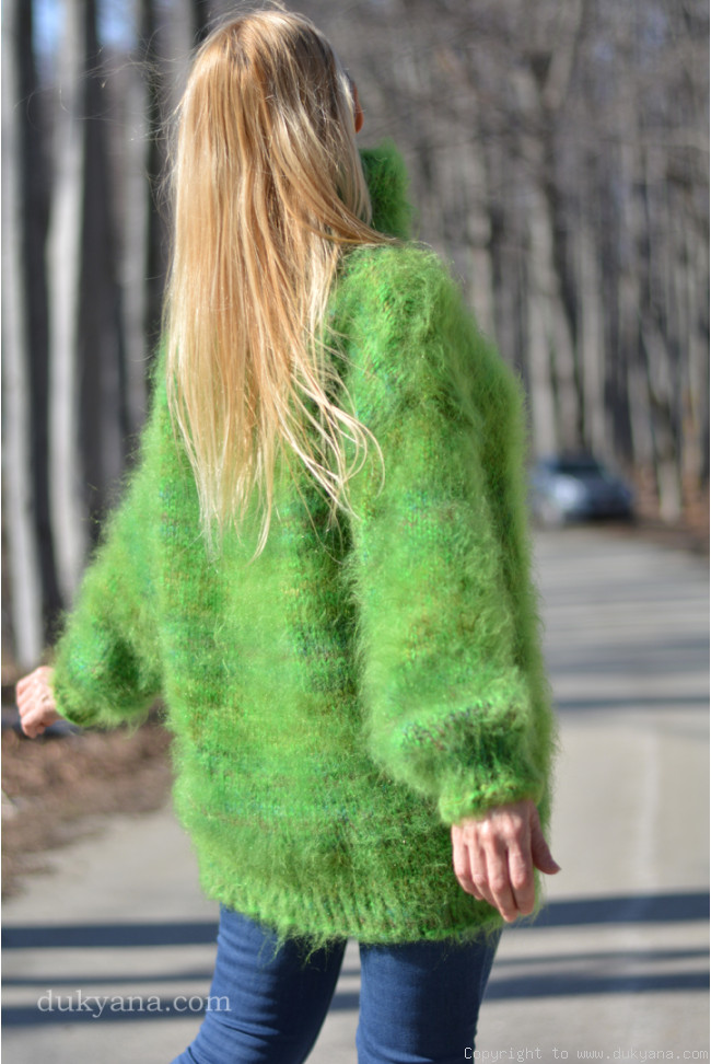 handknit mohair wool mens sweater in green mix/T112