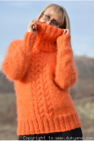 Cabled Tneck mohair sweater in bright orange