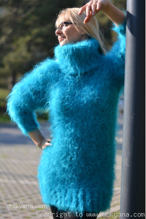 Fuzzy and soft turtleneck mohair sweater in turquoise