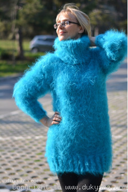 Fuzzy and soft turtleneck mohair sweater in turquoise