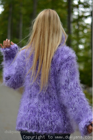 Handmade chunky and soft womens mohair Tneck sweater in purple mix