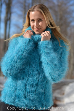 Handmade chunky and soft mohair Tneck sweater in turquoise mix