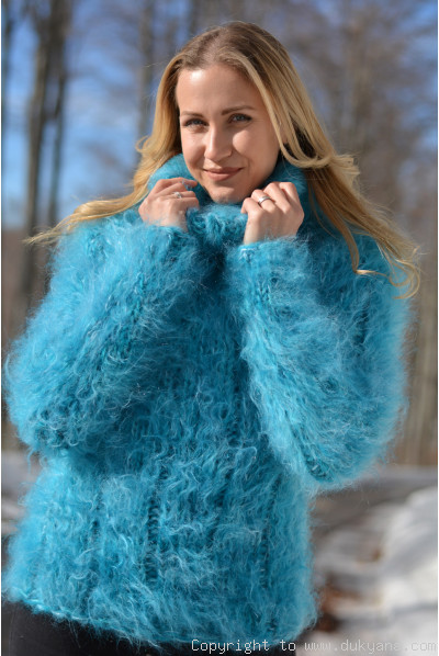 Handmade chunky and soft mohair Tneck sweater in turquoise mix