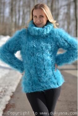 Handknit to order chunky and soft mohair Tneck sweater in turquoise mix
