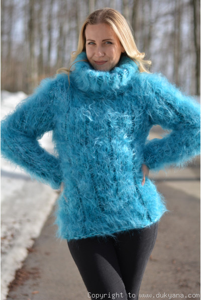 Handknit to order chunky and soft mohair Tneck sweater in turquoise mix