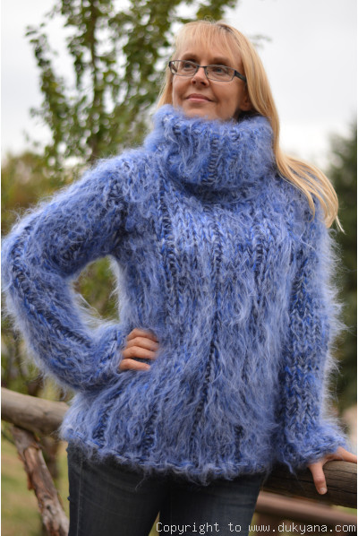 Handmade chunky and soft mohair Tneck sweater in mid blue mix