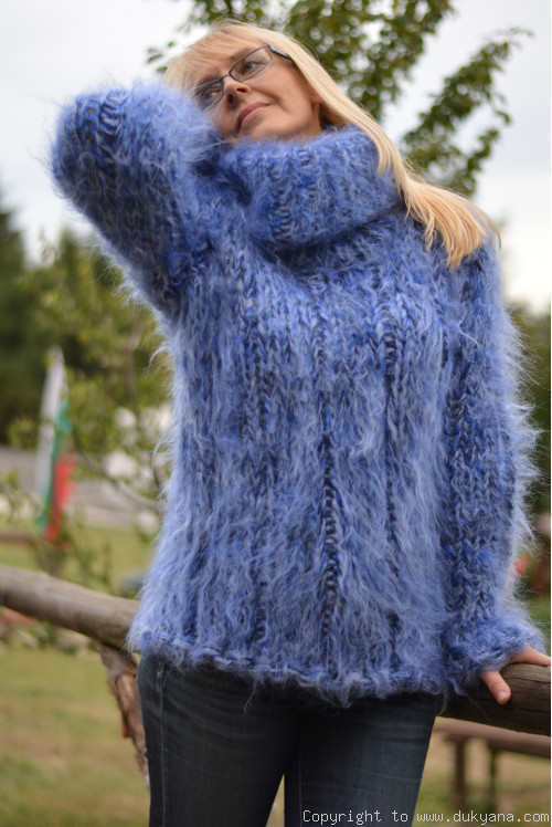 Handmade chunky and soft mohair Tneck sweater in mid blue mix