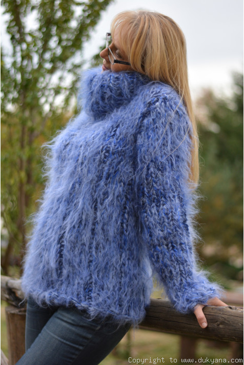 Handmade chunky and soft mohair Tneck sweater in mid blue mix/T130