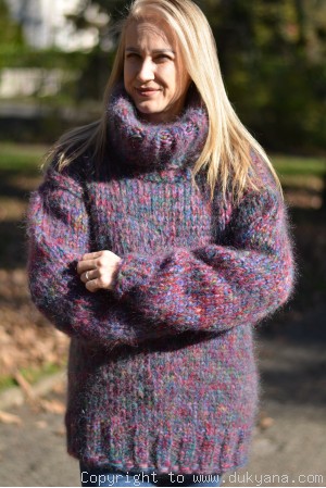 Chunky and thick mohair turtleneck sweater in purple mix