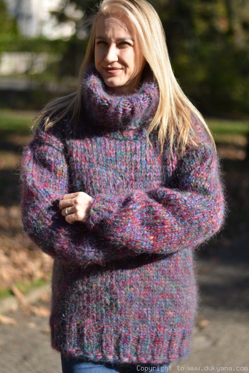 Chunky and thick mohair turtleneck sweater in purple mix