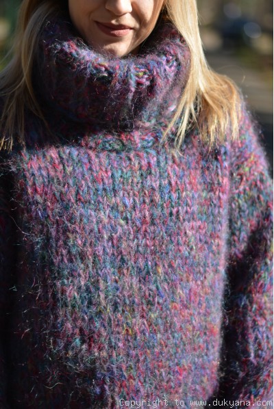 Chunky and thick mohair turtleneck sweater in purple mix
