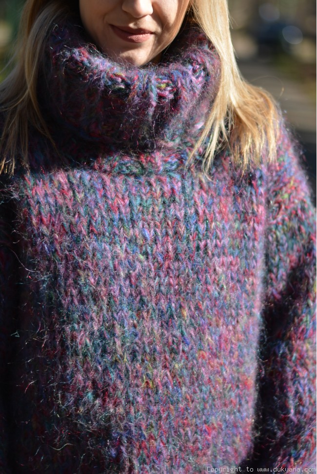 Chunky mohair Tneck sweater in purple mix/T135