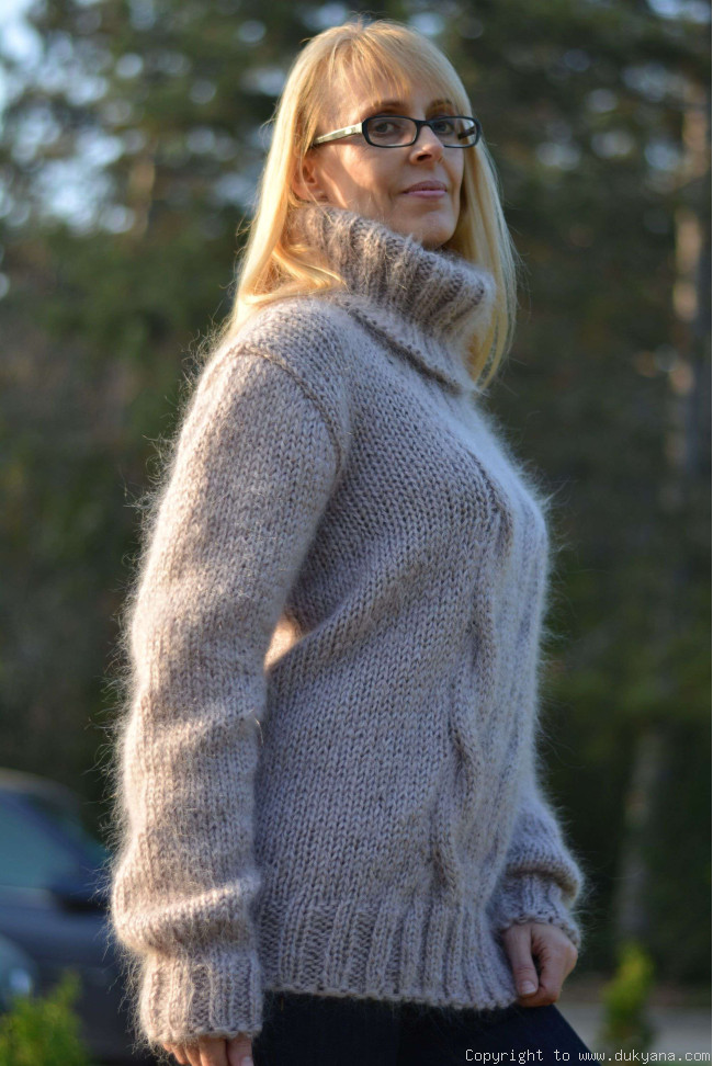 Handmade soft mohair classic Tneck cable sweater /T16