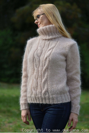 Classic cabled Tneck mohair sweater