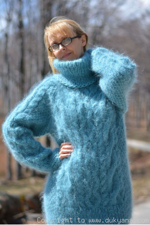 Handmade soft mohair Raglan sleeve Tneck cable sweater 