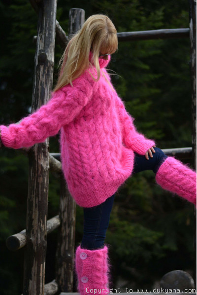 Hand knitted cabled T-neck mohair sweater in hot pink