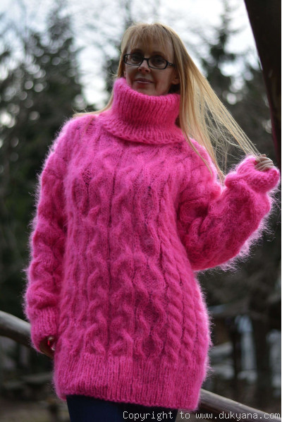 Hand knitted cabled T-neck mohair sweater in hot pink