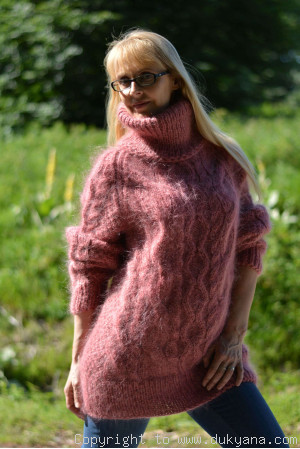 Handmade soft mohair Raglan sleeve Tneck cable sweater 