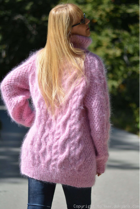 Handmade soft mohair Raglan sleeve Tneck cable sweater/T79