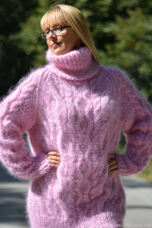 Handmade soft mohair Raglan sleeve Tneck cable sweater