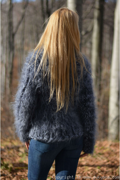 Handmade chunky and soft womens mohair Tneck sweater in gray mix