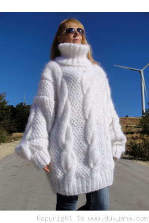 Handmade oversized mohair T-neck cabled sweater in white